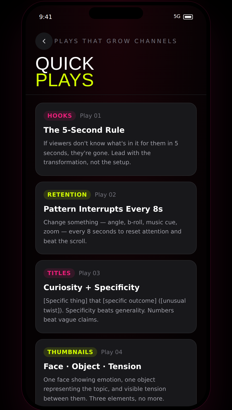 Kove app — Quick Plays screen with tactical tips on hooks, retention, titles, and thumbnails